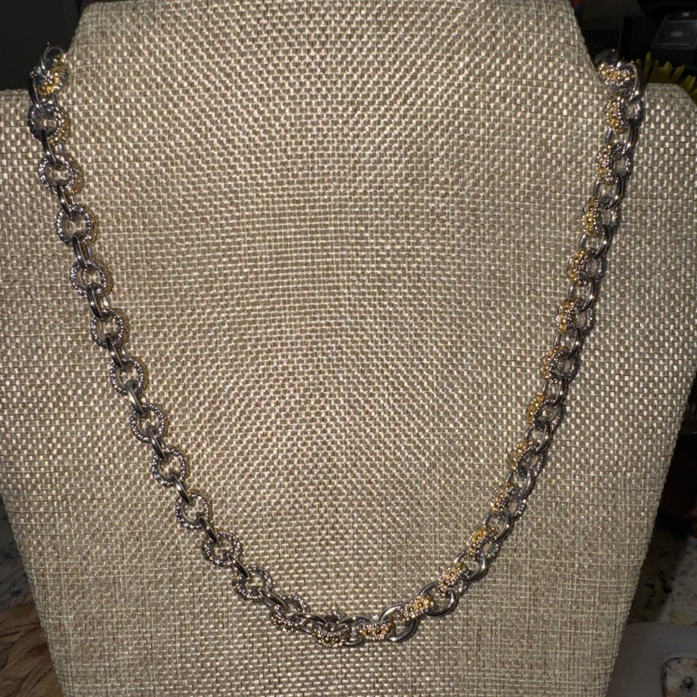Two-Tone Textured Link Necklace w/ Charm Drop • 20” Statement Chain